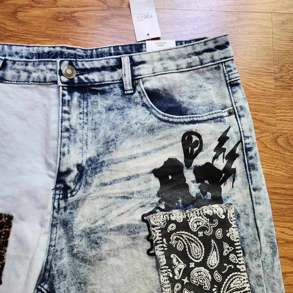 Rue 21 Supreme Flex Acid Wash Distressed Denim Patchwork Shorts Mens Size 38 New